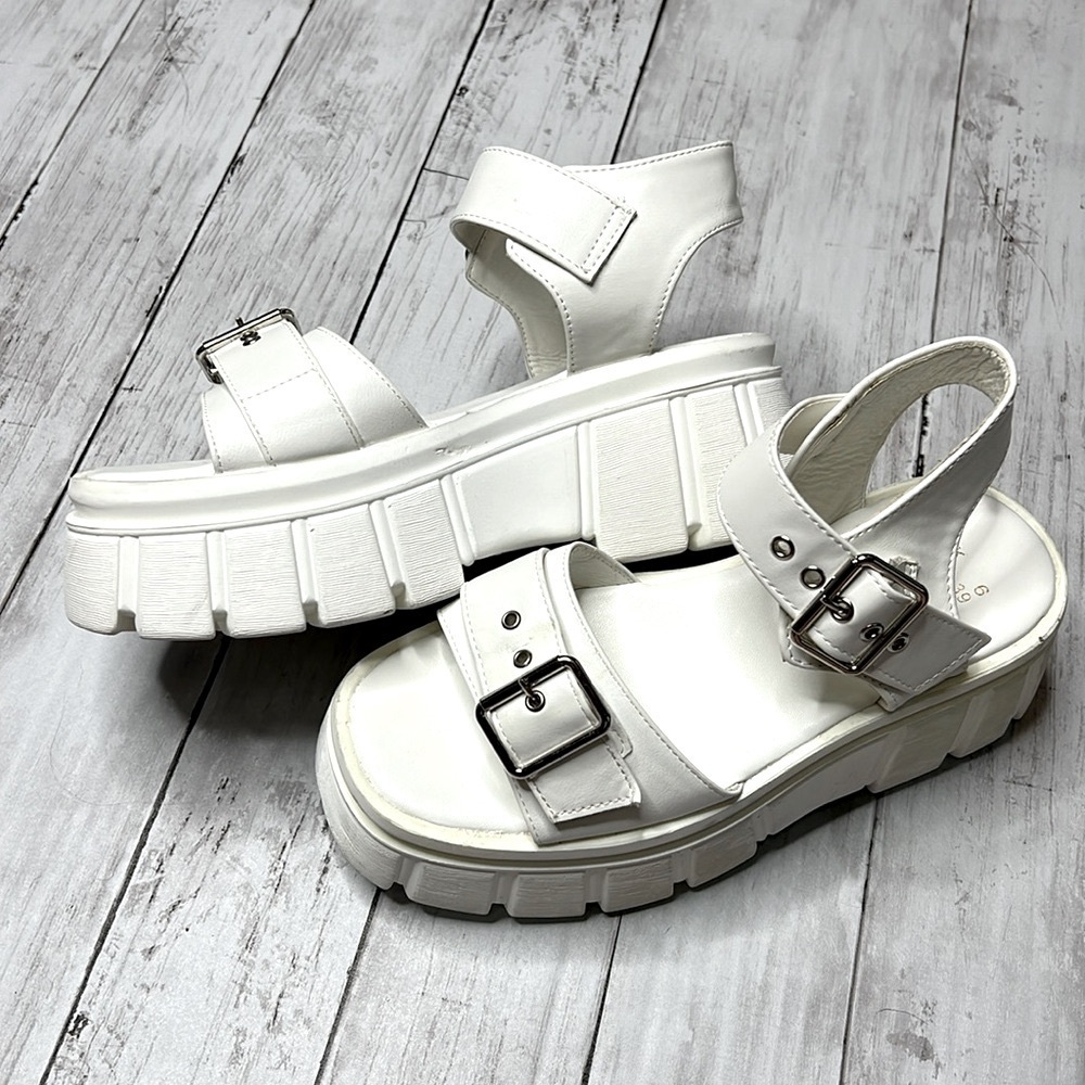 Chunky White Platform Lug Buckle Sandals